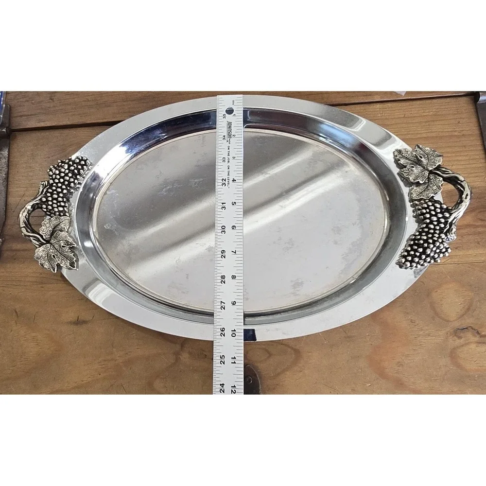 Vintage Towle Silversmiths Stainless Steel Serving Tray Oval Grape Vine Handles